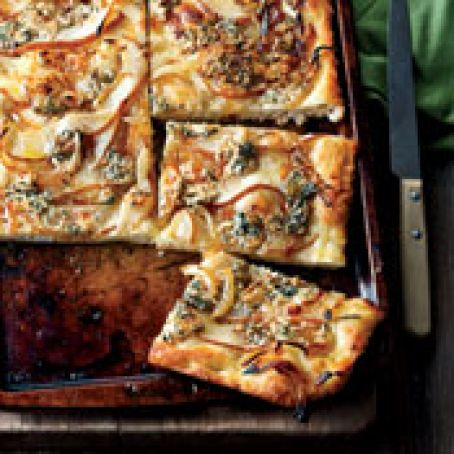 Focaccia with Caramelized Onions, Pear and Blue Cheese